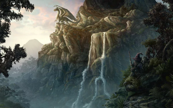 HD fantasy desktop wallpaper featuring a majestic dragon perched on a rocky mountain with cascading waterfalls, a troll lurking nearby, and lush trees in the foreground against a scenic backdrop.