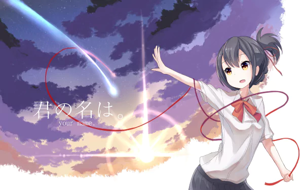 4K Ultra HD anime wallpaper featuring Mitsuha Miyamizu from Your Name., with a glowing comet streaking across a twilight sky and red thread wrapped around her hand.