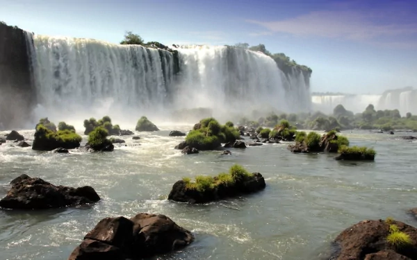 HD desktop wallpaper showcasing the majestic Iguazu Falls surrounded by lush greenery and flowing water under a clear blue sky.