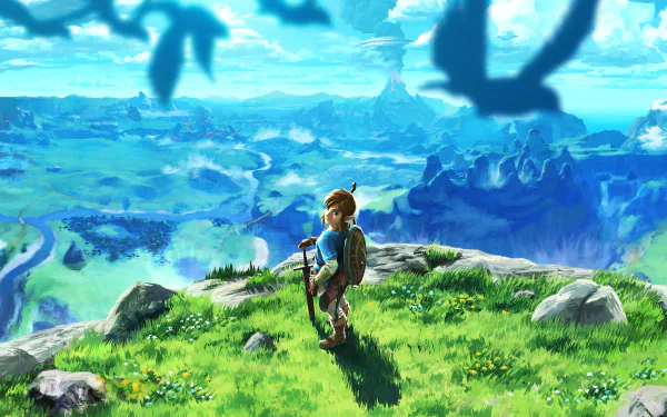 HD wallpaper of Link from The Legend of Zelda: Breath of the Wild standing on a verdant cliff, overlooking a vast, scenic landscape.