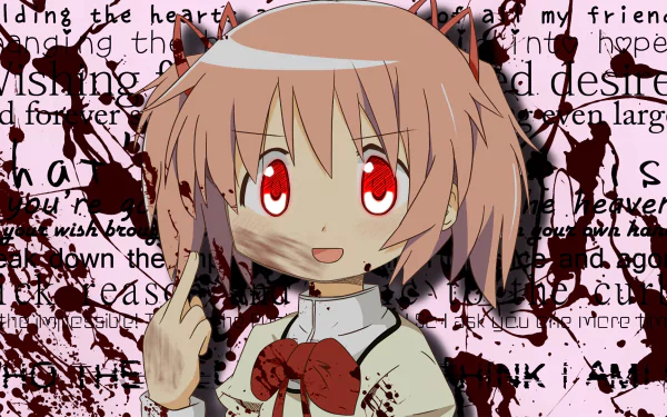 HD anime desktop wallpaper featuring Madoka Kaname from Puella Magi Madoka Magica with a dark, text-filled background and her signature pink hair and red eyes.