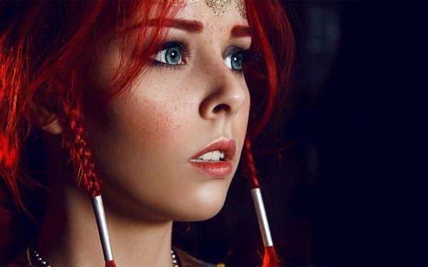 Women Cosplay Triss Merigold The Witcher Green Eyes Face Red Hair Freckles HD Wallpaper | Background Image