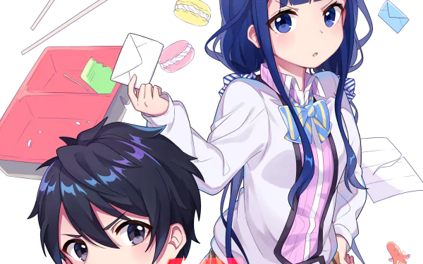 HD desktop wallpaper featuring Masamune Makabe and Aki Adagaki from the anime Masamune-kun's Revenge. The characters are depicted amid scattered letters and snack boxes, showcasing colorful and detailed artwork.