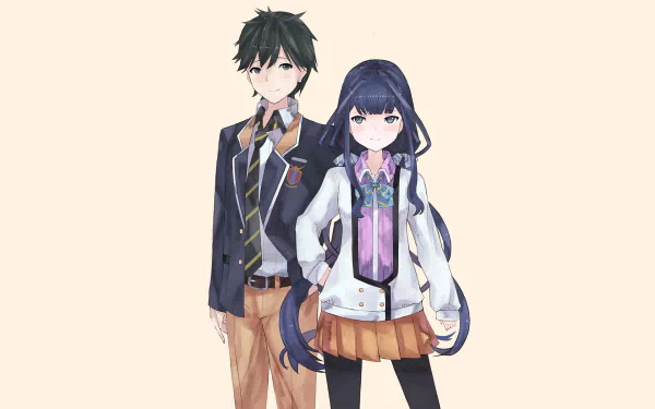 HD wallpaper featuring Masamune Makabe and Aki Adagaki from the anime Masamune-kun's Revenge, standing together against a light background.
