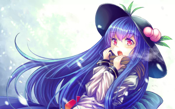 HD anime wallpaper featuring Tenshi Hinanawi with long blue hair, pink eyes, and a large black hat, from the Touhou series.