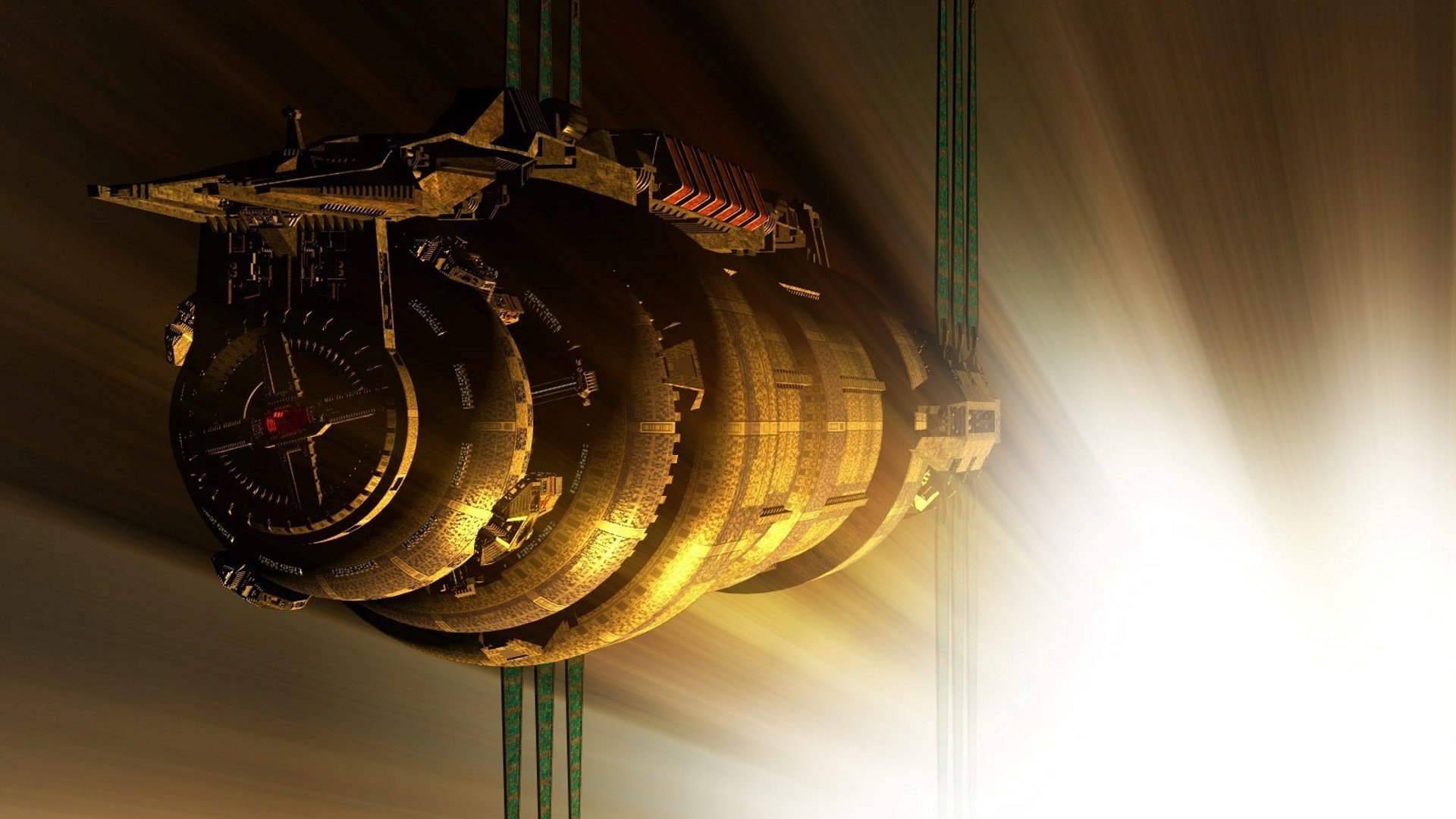 HD PC desktop wallpaper featuring a detailed spaceship from Babylon 5, inspired by the TV show episode Babylon 5: The River of Souls, illuminated against a bright light.