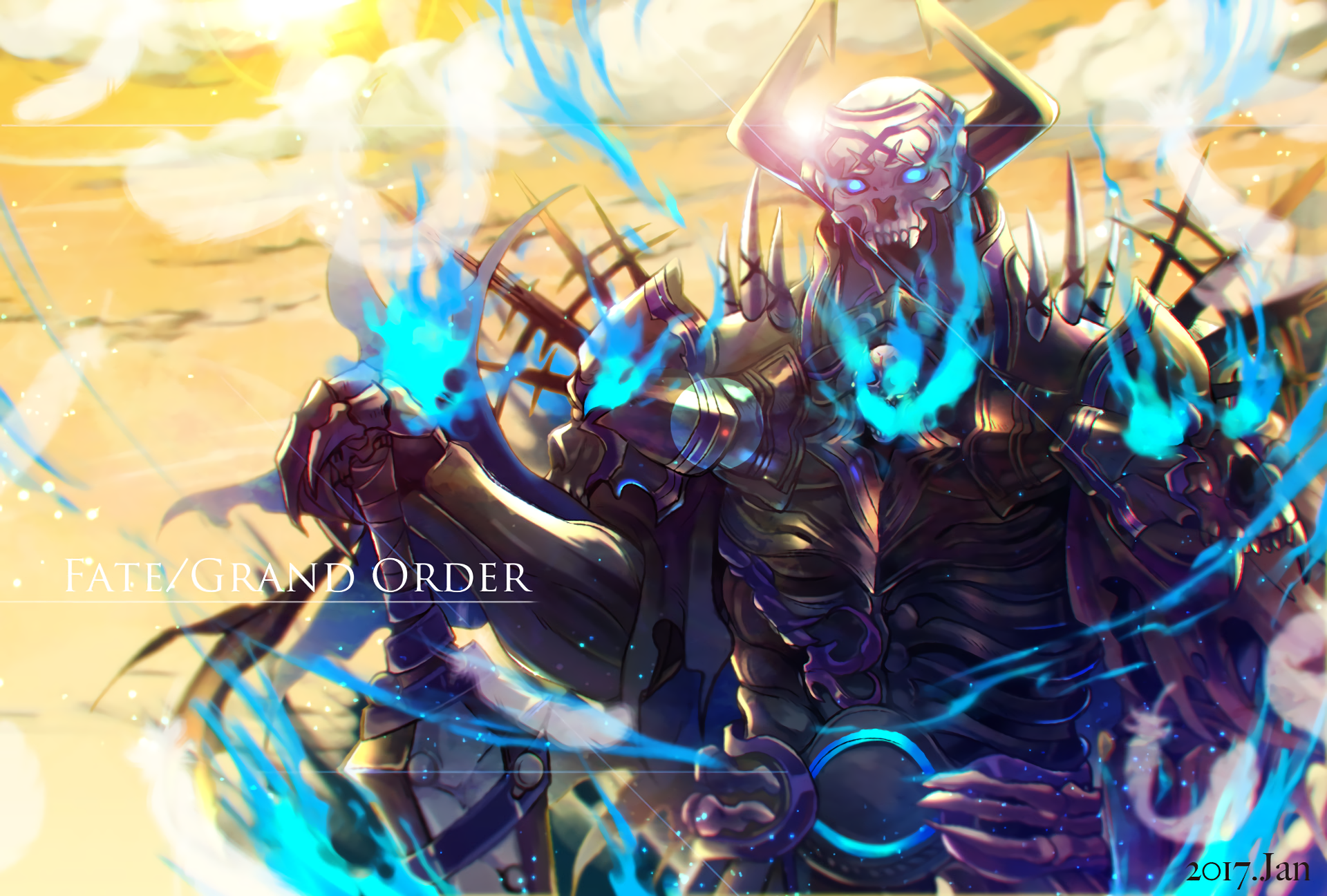 HD desktop wallpaper of the anime Fate/Grand Order, featuring a powerful character surrounded by blue flames and dramatic lighting.