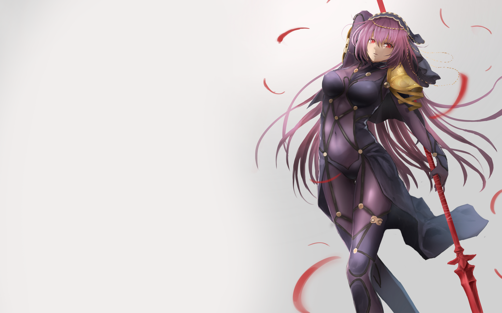 HD desktop wallpaper of Scathach from Fate/Grand Order, featuring an anime-style character with purple hair and armor, holding a red weapon, against a light background with elegant red accents.