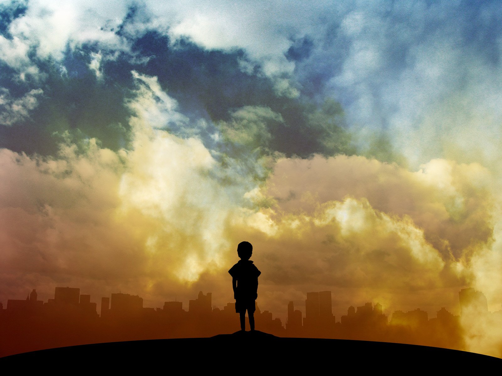 A silhouetted child stands on a hill against a dramatic sky filled with vibrant clouds and a city skyline, creating an artistic backdrop for an HD desktop wallpaper.