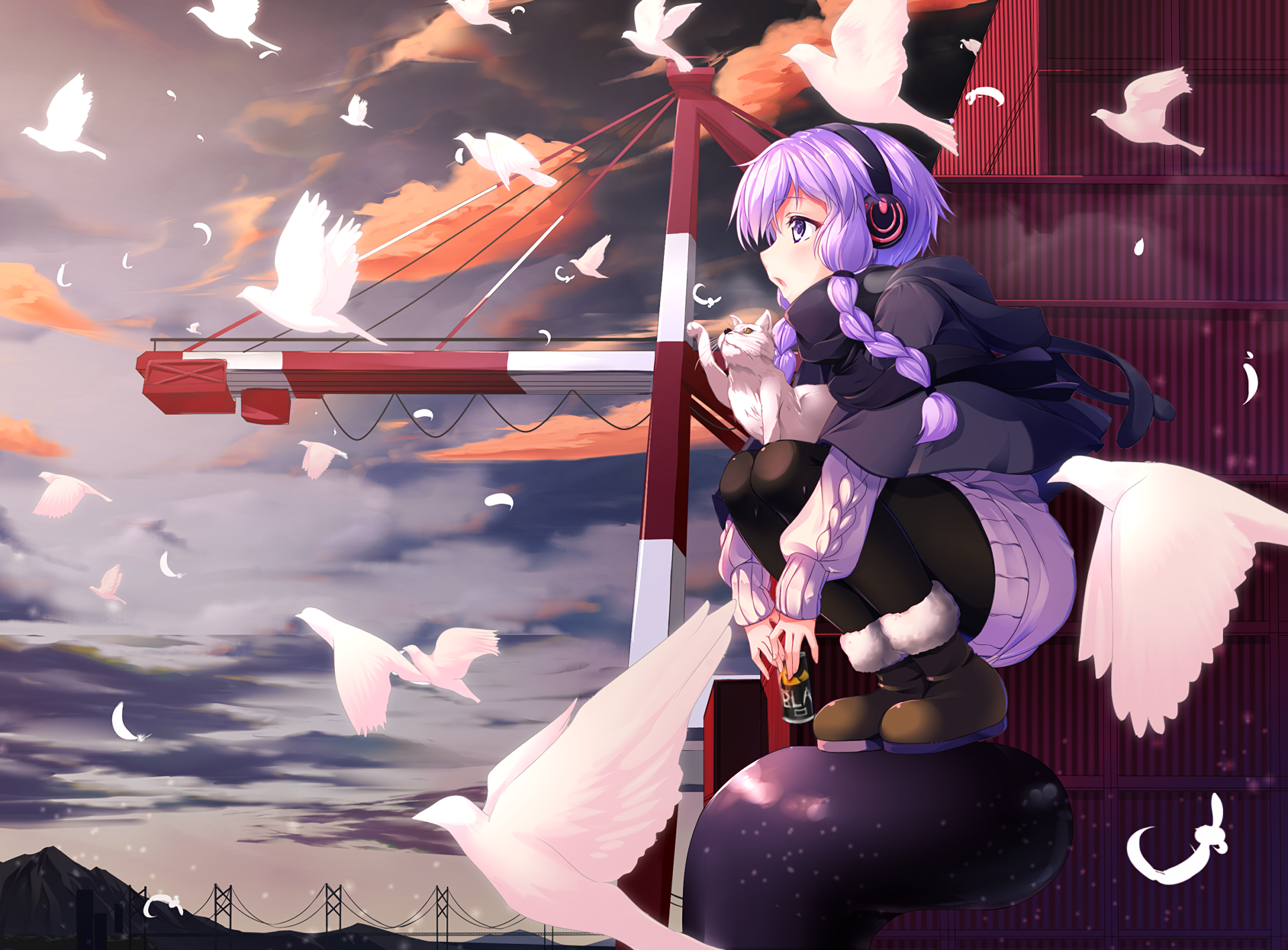 HD anime desktop wallpaper featuring Yuzuki Yukari from Vocaloid, surrounded by white birds against a dramatic sky and traditional Japanese architecture backdrop.