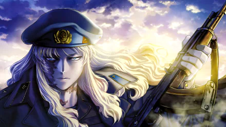 A striking HD desktop wallpaper featuring Balalaika from the anime Black Lagoon, showcasing her intense expression and military attire against a dramatic sky.