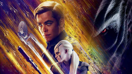 HD PC desktop wallpaper featuring characters and elements from the Star Trek movie Star Trek Beyond, showcasing a dramatic sci-fi composition with vibrant colors.