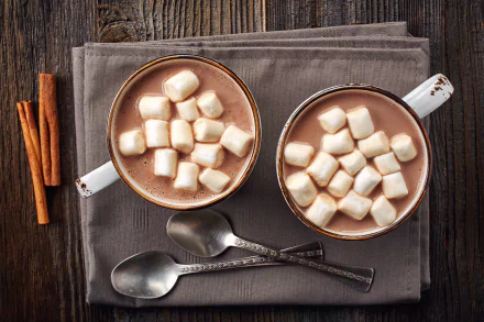 Two cups of hot chocolate topped with marshmallows sit on a cloth next to cinnamon sticks and spoons, captured in 4K Ultra HD for a PC desktop background.