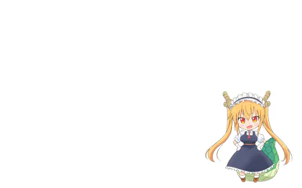 HD desktop wallpaper featuring Tohru from the anime Miss Kobayashi's Dragon Maid. Tohru, with her long blonde hair, dragon tail, and maid outfit, stands confidently against a white background.