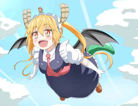 HD desktop wallpaper of Tohru from Miss Kobayashi's Dragon Maid anime, flying joyfully in the sky with a bright smile, dragon wings, and horns, set against a backdrop of fluffy clouds.