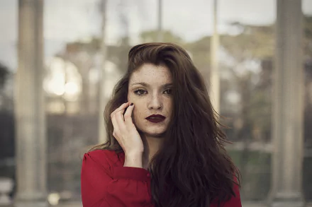 redhead freckles hazel eyes lipstick blur woman model HD Desktop Wallpaper | Background Image