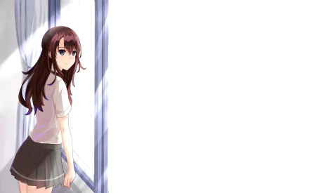 HD wallpaper of Hikari Tsuneki from the anime Seiren, featuring her standing by a window with light streaming in. The background is clean and minimalistic, emphasizing her presence.