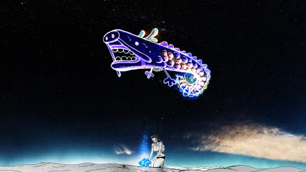HD wallpaper of Nico Robin from One Piece, featuring her under a night sky with a colorful, mystical sea creature hovering above her.