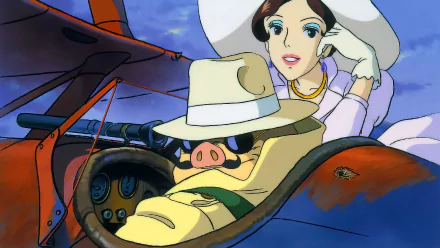 Anime HD PC desktop wallpaper: Porco Rosso pilots his red seaplane, pig-faced aviator in sunglasses and hat beside a stylish woman in a white hat and gloves against a blue-sky background.