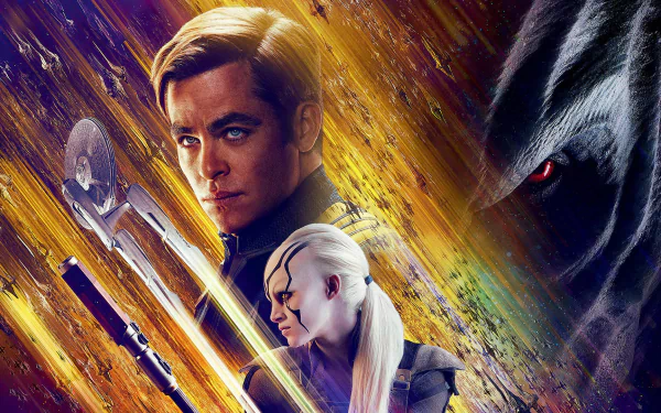 HD PC desktop wallpaper featuring characters and elements from the Star Trek movie Star Trek Beyond, showcasing a dramatic sci-fi composition with vibrant colors.