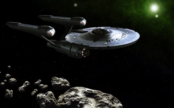 HD PC desktop wallpaper featuring the USS Enterprise from the Star Trek Beyond movie, set against a starry space backdrop with asteroids.