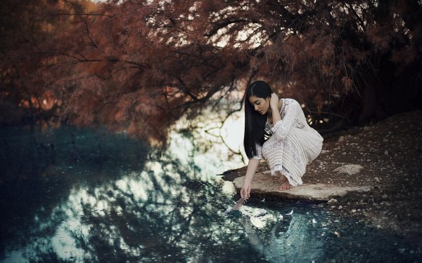 Women Mood Model Brunette White Dress River Fall Reflection HD Wallpaper | Background Image