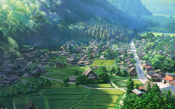 HD anime original desktop wallpaper featuring a serene village nestled among lush green fields and forested mountains under soft daylight.