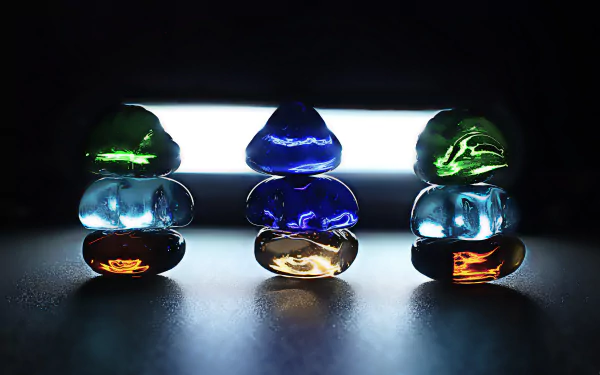 A 4K Ultra HD artistic desktop wallpaper featuring stacks of crystal stones glowing with light in cyan, blue, amber, and emerald hues against a dark background.