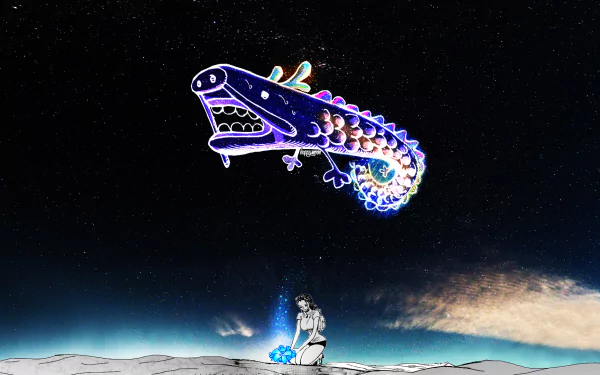 HD wallpaper of Nico Robin from One Piece, featuring her under a night sky with a colorful, mystical sea creature hovering above her.