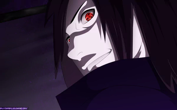 HD desktop wallpaper featuring Madara Uchiha from the anime Naruto, showcasing his intense expression and red Sharingan eyes in a dark, dramatic background.