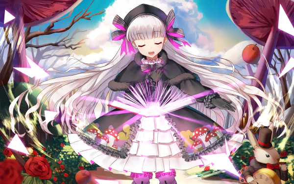 A captivating HD anime wallpaper from Fate/Extra, featuring a girl with long silver hair, dressed in a black and white frilly outfit, surrounded by a magical scene with glowing elements and vibrant colors.