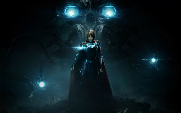 HD desktop wallpaper featuring Supergirl from the video game Injustice 2, set against a dark, dramatic background with glowing blue lights.