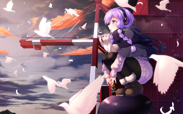 HD anime desktop wallpaper featuring Yuzuki Yukari from Vocaloid, surrounded by white birds against a dramatic sky and traditional Japanese architecture backdrop.