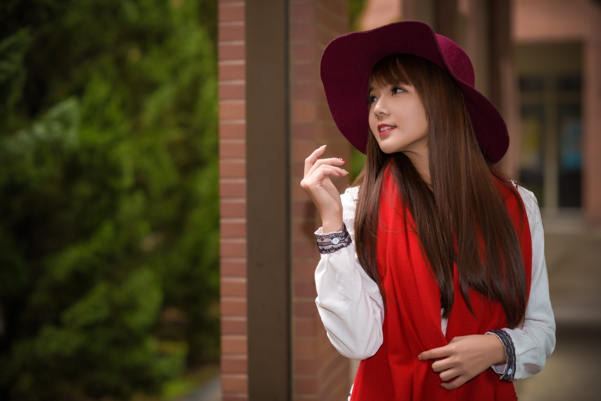 Download Lipstick Brunette Hat Scarf Mood Model Woman Asian 4k Ultra HD Wallpaper by Lin Doorman