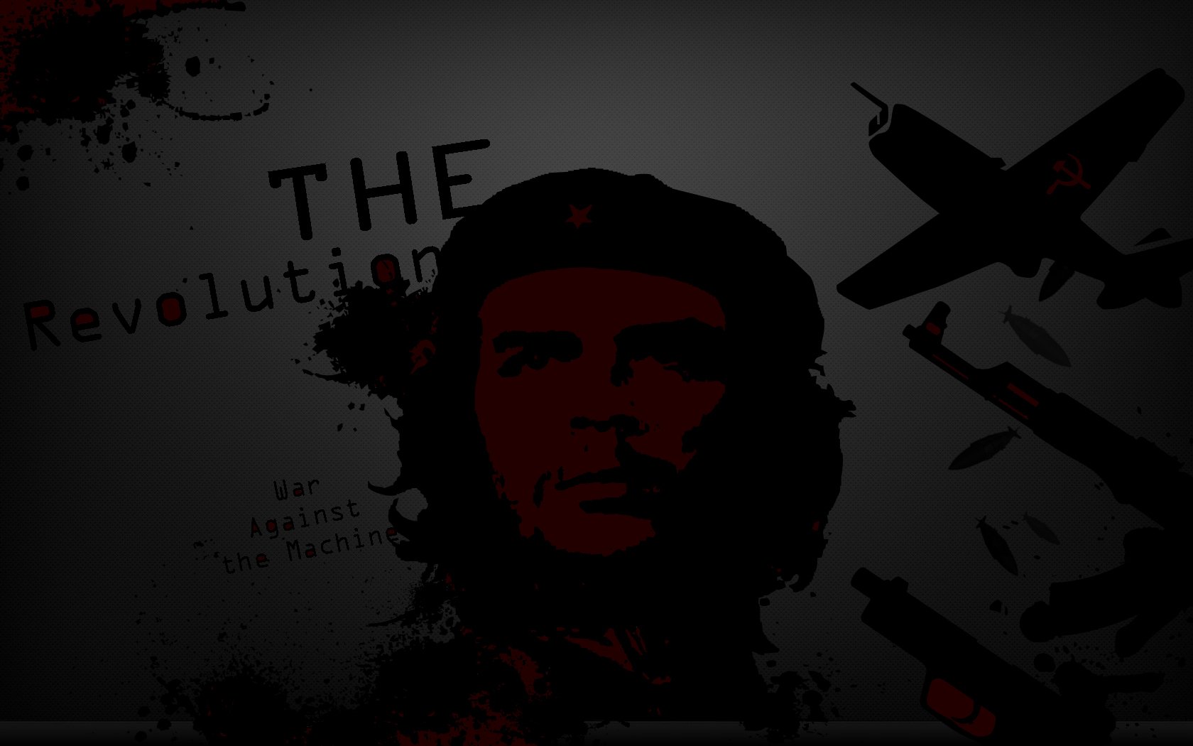 HD military-themed desktop wallpaper featuring a dark, stylized image of Che Guevara with planes and the word Revolution in a bold, grunge design.