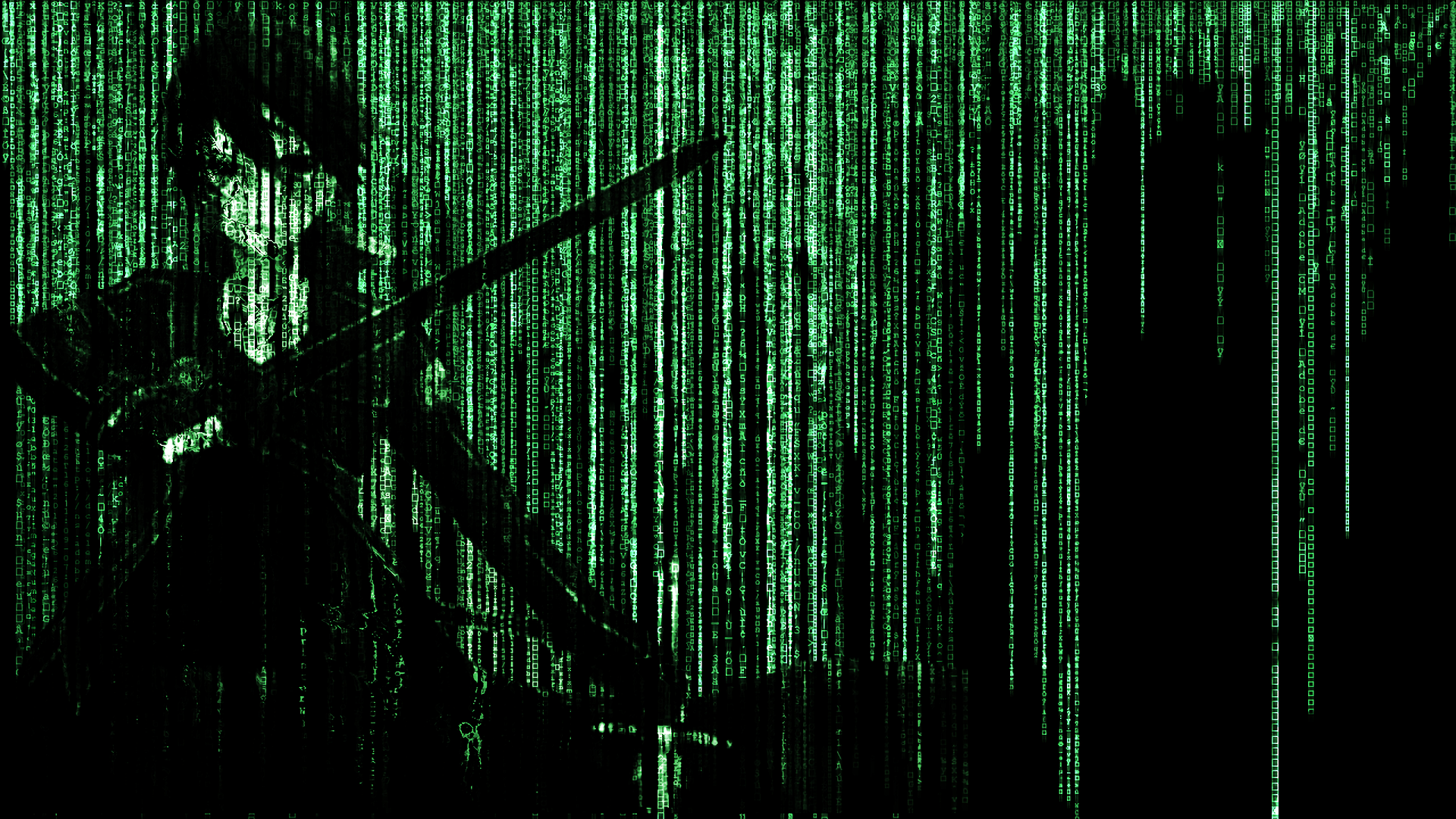 HD desktop wallpaper featuring Kirito (Kazuto Kirigaya) from Sword Art Online, blending the anime character with a green Matrix-style digital rain background.