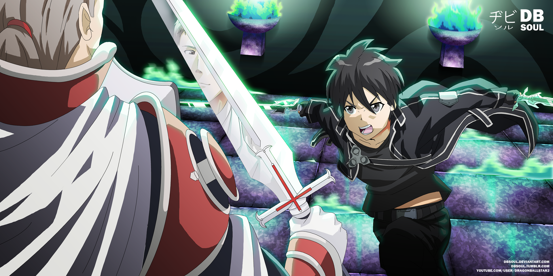 Anime HD desktop wallpaper featuring Kazuto Kirigaya, also known as Kirito, and Heathcliff from Sword Art Online in an intense sword duel.