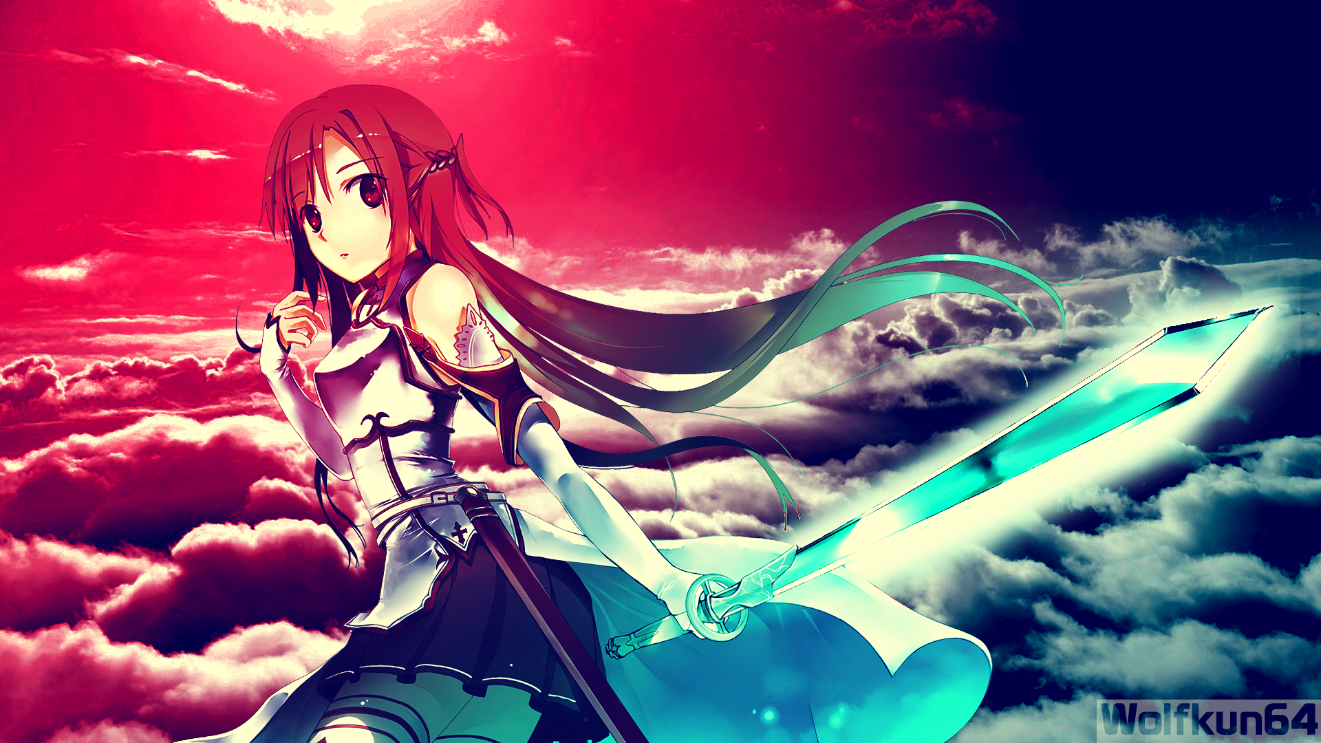 HD PC desktop wallpaper featuring Asuna Yuuki from Sword Art Online, with vibrant red and blue skies and her glowing sword amid clouds.