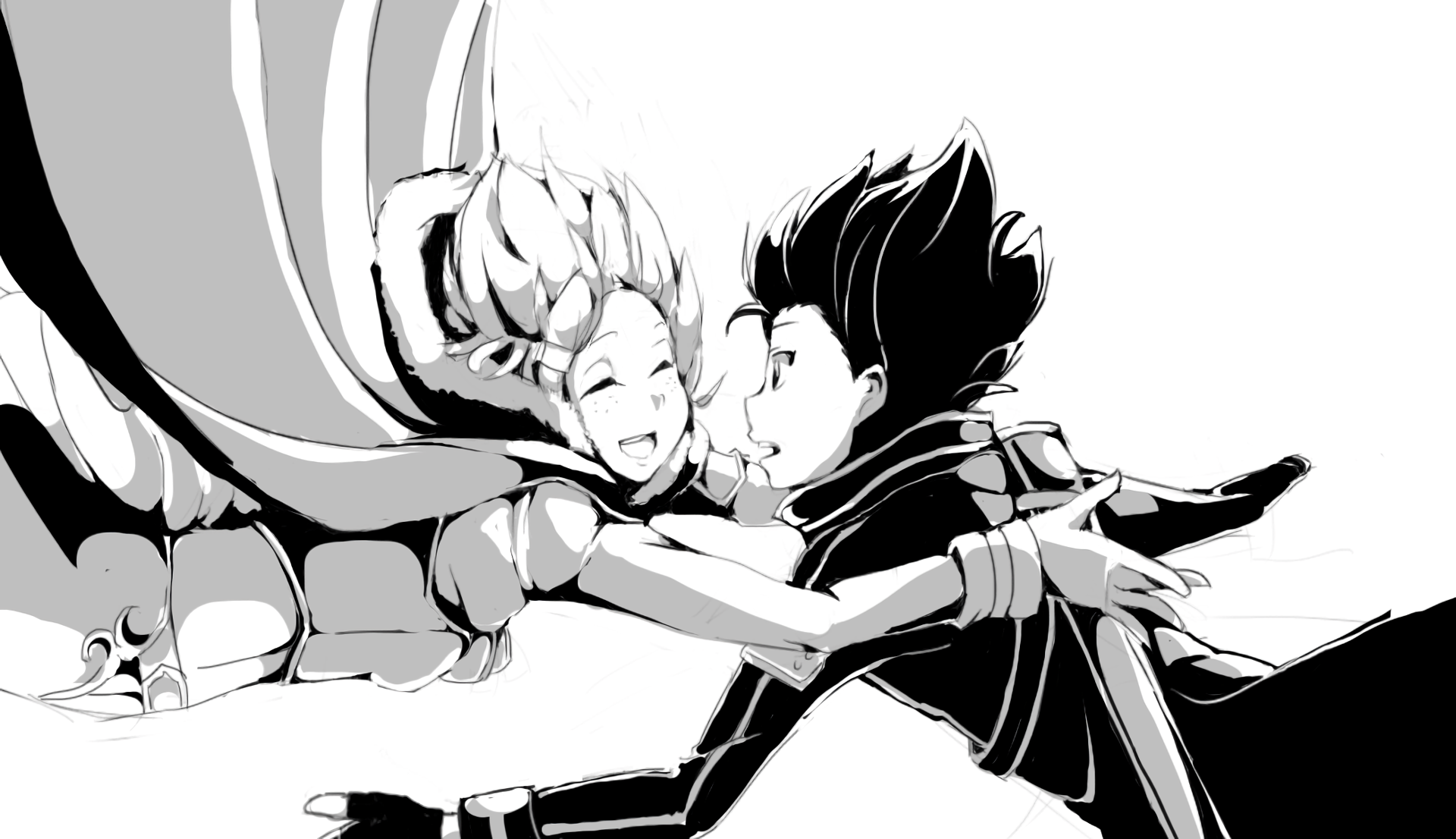 Monochrome anime HD PC desktop wallpaper of Lisbeth (Rika Shinozaki) and Kirito (Kazuto Kirigaya) from Sword Art Online, smiling and reaching for each other midair.