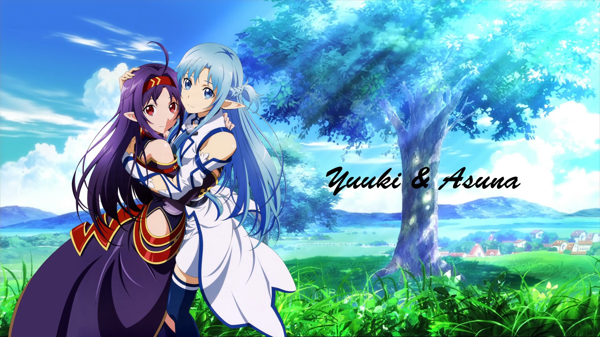 HD wallpaper featuring Yuuki Konno and Asuna Yuuki from Sword Art Online II in an embrace, set against a serene outdoor backdrop with a tree and clear sky.
