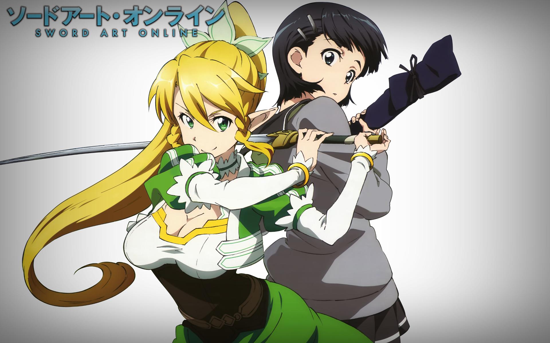 HD PC desktop wallpaper of Leafa (Suguha Kirigaya) and Asuna Yuuki from Sword Art Online — anime-style, Leafa in green wielding a sword with Asuna poised behind her.