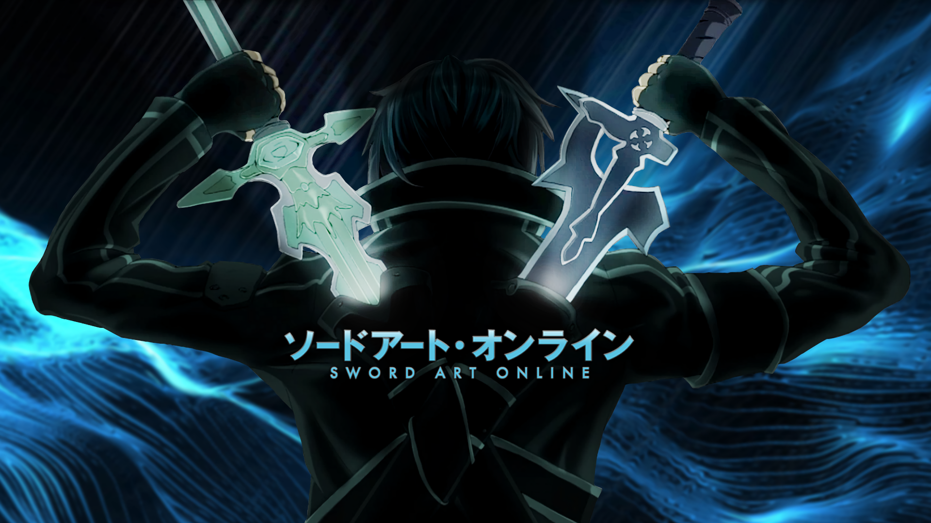 HD PC desktop wallpaper featuring Kirito (Kazuto Kirigaya) from the anime Sword Art Online, shown from behind wielding two glowing swords.