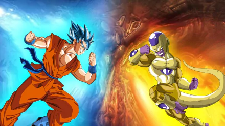 HD desktop wallpaper featuring a dynamic scene from Dragon Ball Super, showing two characters in an intense face-off.
