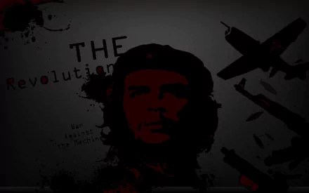 HD military-themed desktop wallpaper featuring a dark, stylized image of Che Guevara with planes and the word Revolution in a bold, grunge design.