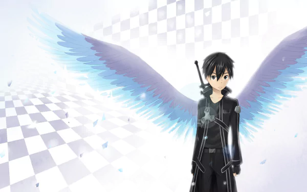 4K Ultra HD anime wallpaper featuring Kirito (Kazuto Kirigaya) from Sword Art Online with glowing blue wings against a checkered white background.