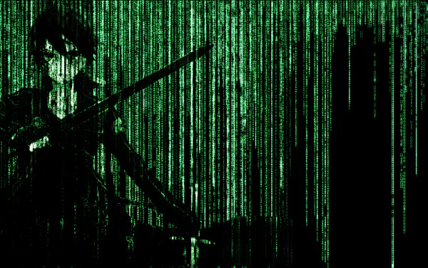 HD desktop wallpaper featuring Kirito (Kazuto Kirigaya) from Sword Art Online, blending the anime character with a green Matrix-style digital rain background.