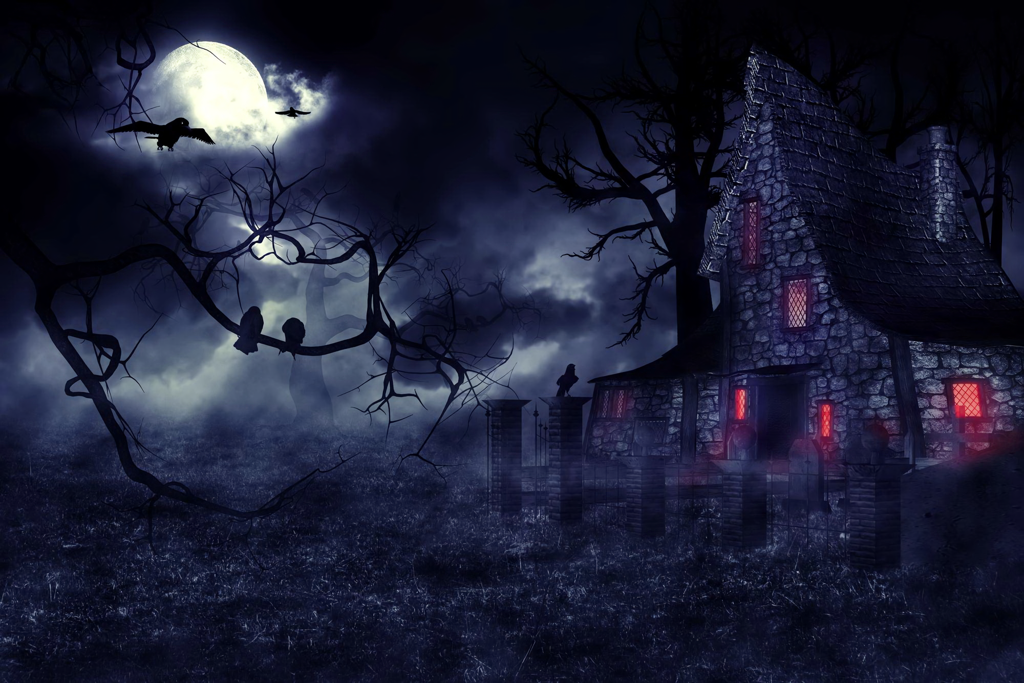 Creepy House on a Foggy, Full Moon Night