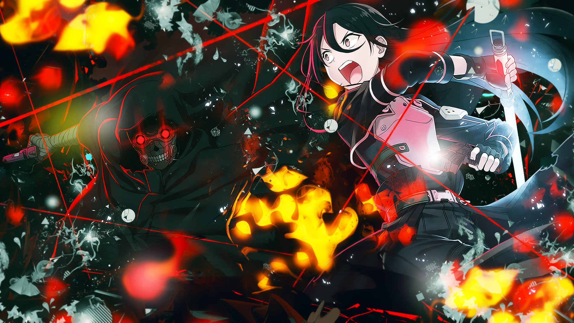 HD PC desktop wallpaper featuring Kirito and Death Gun from Sword Art Online II, showcasing intense action with fiery effects and dynamic anime style.