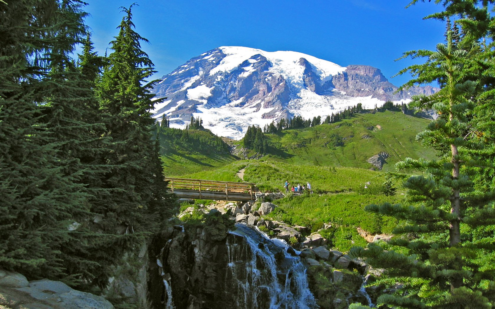 A serene landscape featuring a waterfall cascading through greenery, with people enjoying nature against a backdrop of a majestic glacier-capped mountain and clear blue skies.