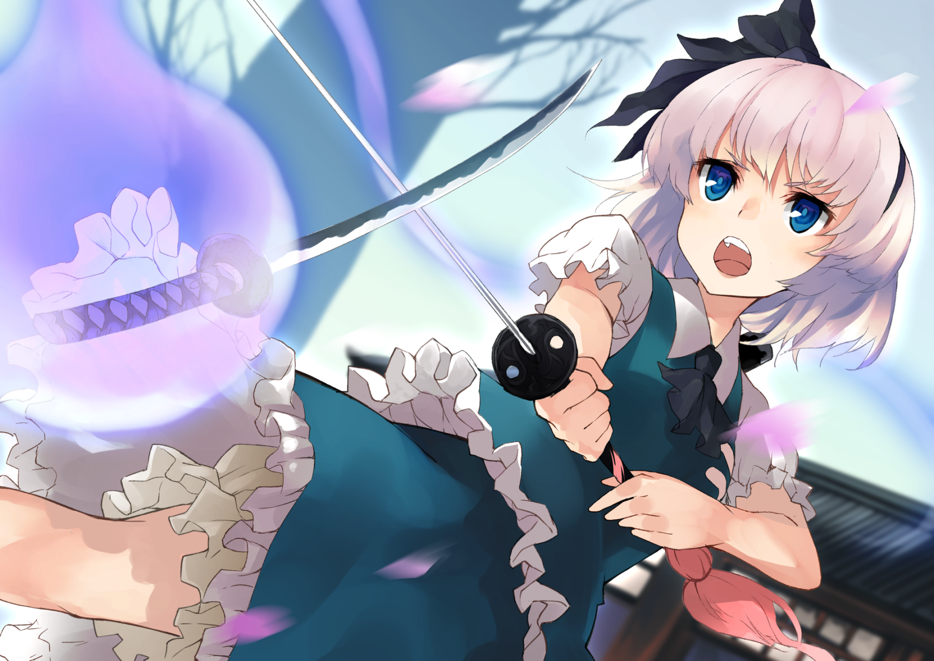HD anime desktop wallpaper featuring Youmu Konpaku from Touhou, wielding her sword with a determined expression against a vibrant, dynamic background.